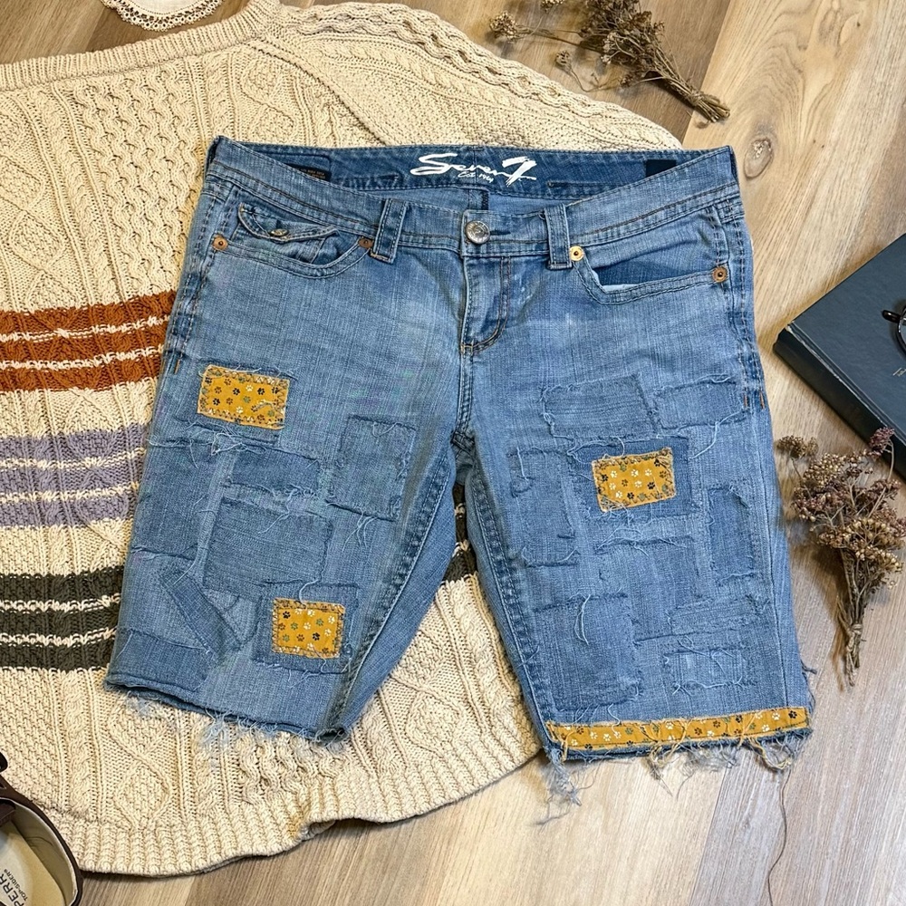 Upcycled Distressed Denim Shorts Handmade Patchwork with Yellow Pawprint Fabric